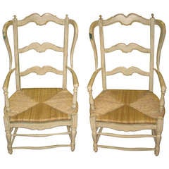 Pair 19th Century painted French Provincial Arm Chairs with Rush Seats
