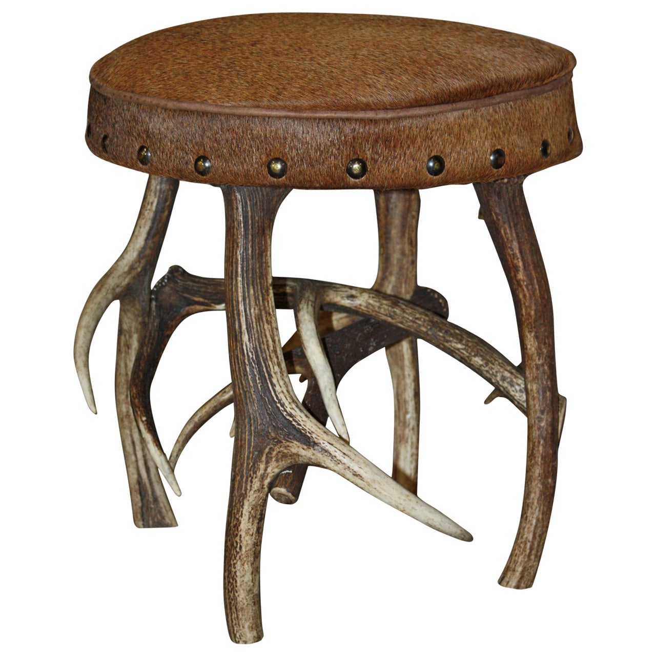 Stag Horn Based Stool with Hide Upholstery