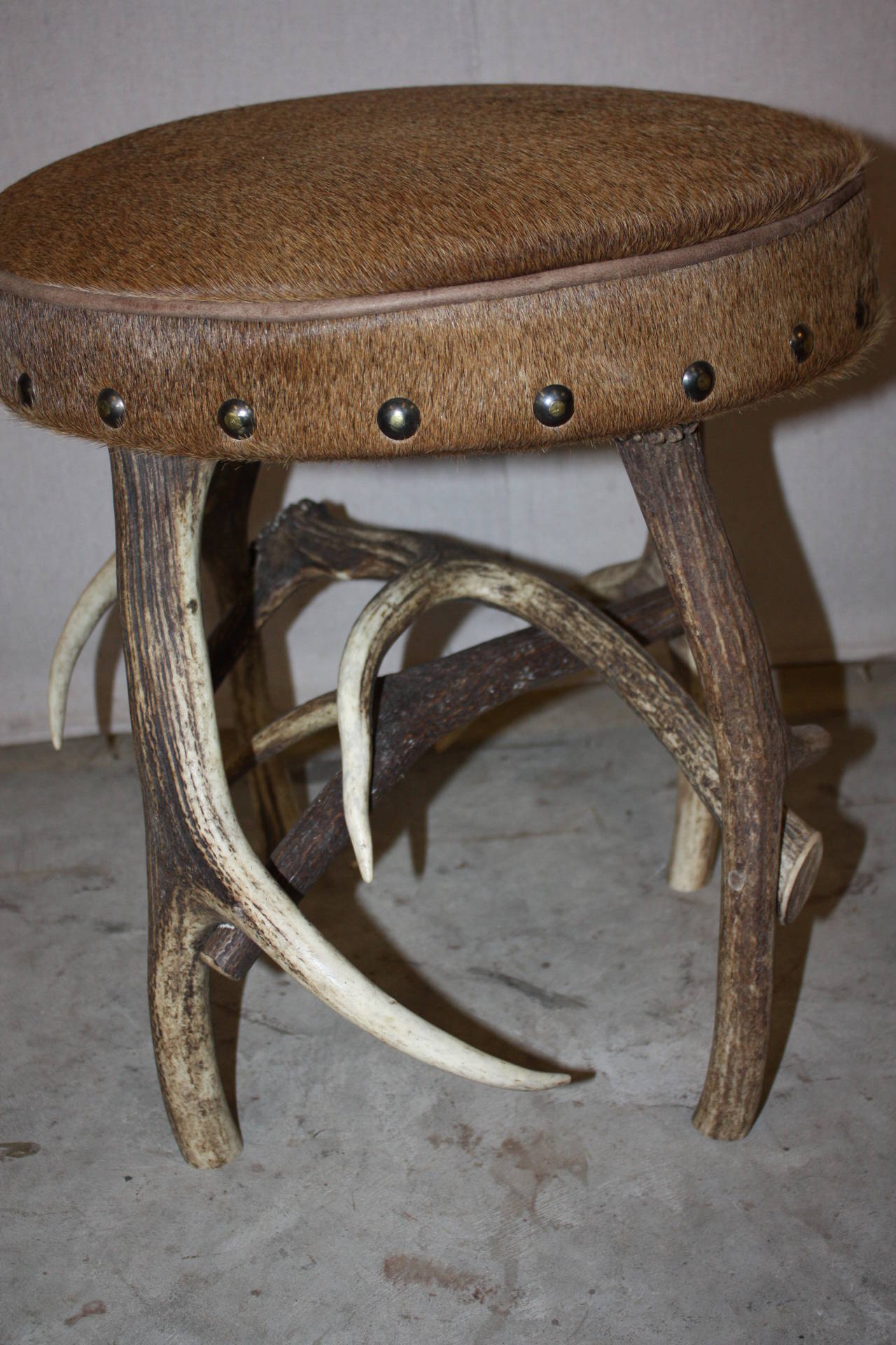 English Stag Horn Based Stool with Hide Upholstery