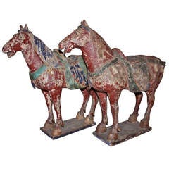 Antique Pair 18th Century Italian Carved and Painted Wooden Horses