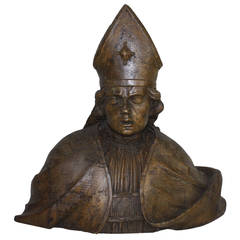 18th Century Italian Wood Carved Bust of a Bishop Saint
