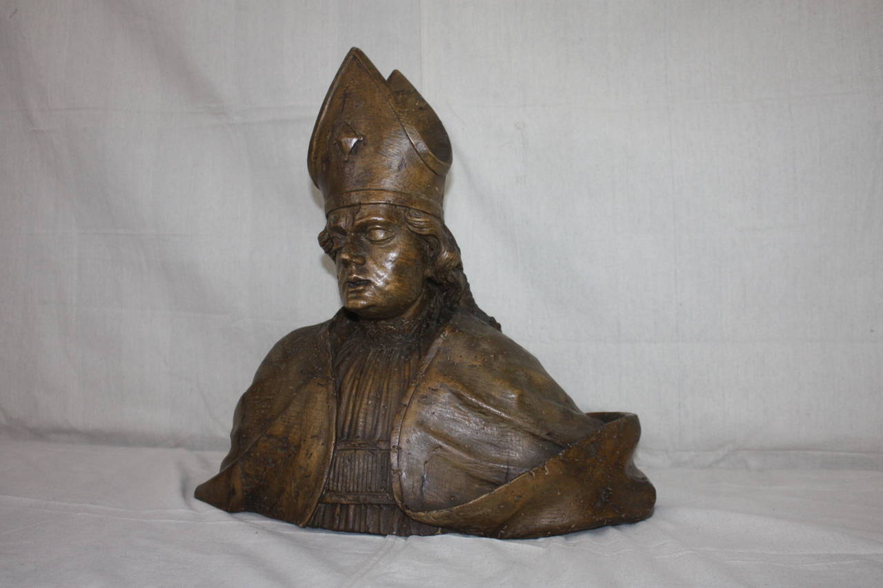 18th Century Italian Wood Carved Bust of a Bishop Saint
