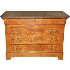 Walnut Louis Philippe Commode with Marquetry Doors and Marble Top.