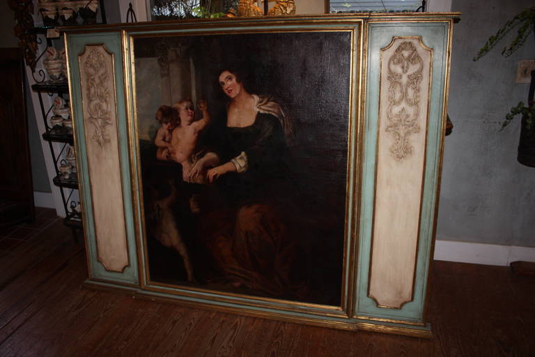 This is a very decorative french painting framed in a wall panel.  It is not that old but the quality is very nice. The painting is on canvas.