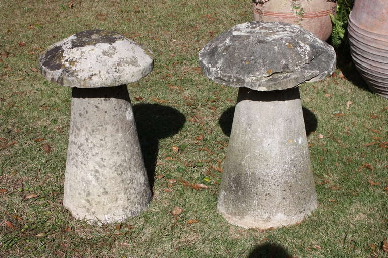 Two very nice French staddle stones that are from the 17th century. They are nice height and have nice tops. These are made of sandstone. They are the real thing.
