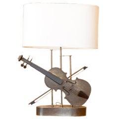 Amusing 1960s Brass Violin Table Lamp with Linen Shade