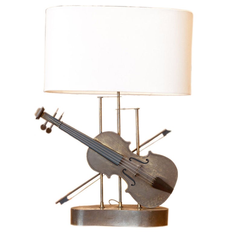 Amusing 1960s Brass Violin Table Lamp with Linen Shade
