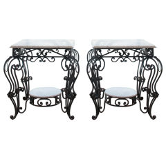 Pair of Stylish 1930s Wrought Iron and Marble Outdoor Tables