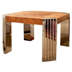 1970s Milo Baughman Burl Walnut Veneer and Chrome Coffee Table