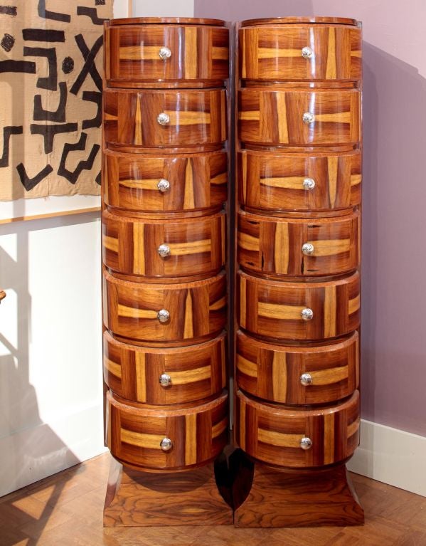 Pair of Chic Art Deco Style Flame Veneered Semaniers constructed with great attention to detail and beautiful veneer work