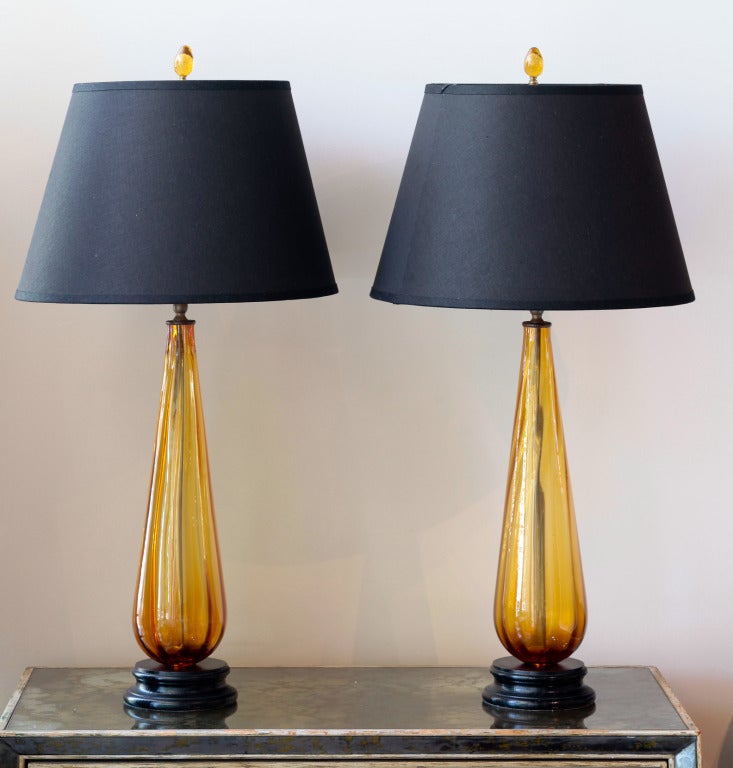 Pair of Vintage Murano Glass fluted Teardrop Table Lamps on turned Wood Bases with Glass Finials and Black Linen Shades