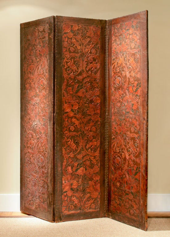17th Century Three panel Flemish Tooled and Painted Leather Screen with Nailhead Trim