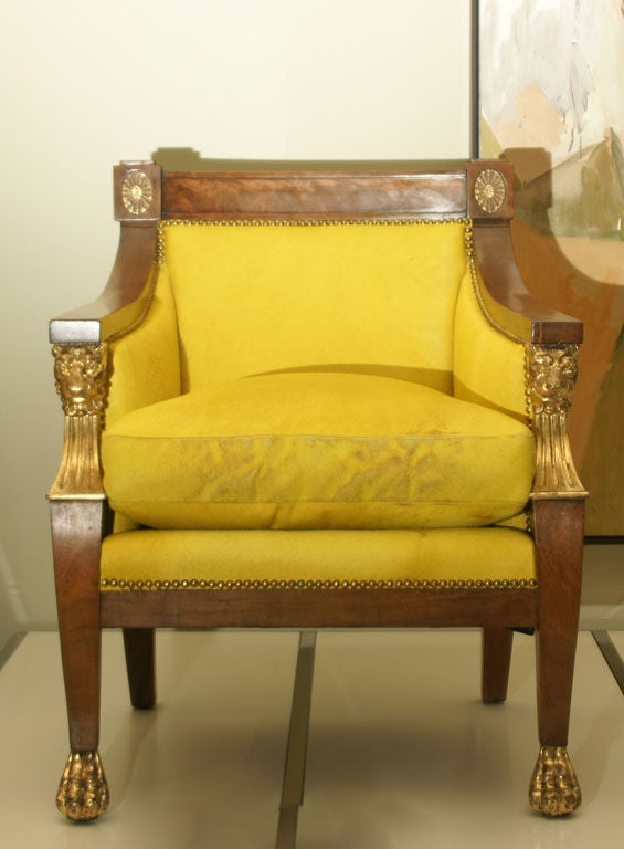 Pair of Russian Carved and Parcel Gilt Fauteuils, c. 1820 currently upholstered in chartreuse hide