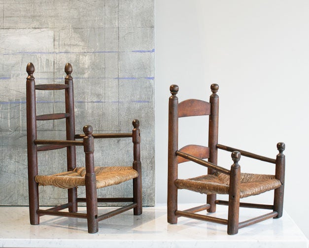 Two Charming Antique Child's Ladderback Chairs with Original Rush Seats