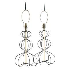 Pair of Amusing Vintage Black Painted Wirework Lamps