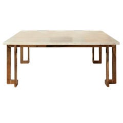 1970s Architectural Travertine Marble and Brass Coffee Table