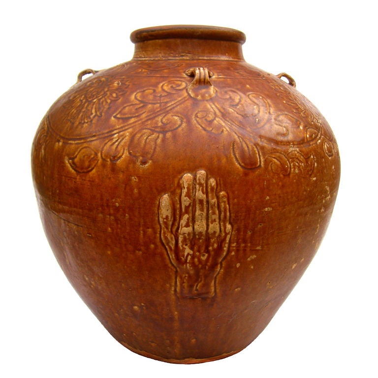 Ming Dynasty Brown Glazed Carved Ovid Jar For Sale