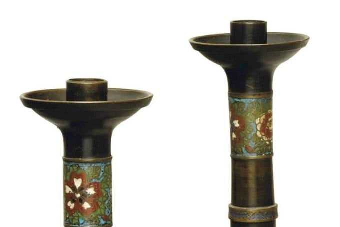 Japanese Bronze & Enamel Candlesticks