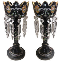 Exceptional Moser Enameled Gilt Decorated Lusters Rare Black Glass circa 1900