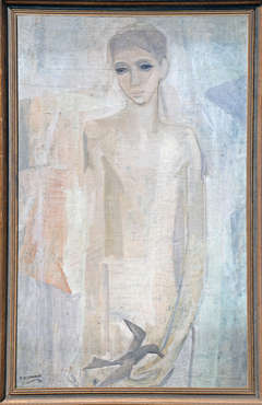 20th Century Oil Painting of Boy with Bird by Howard Church (1904-1993)