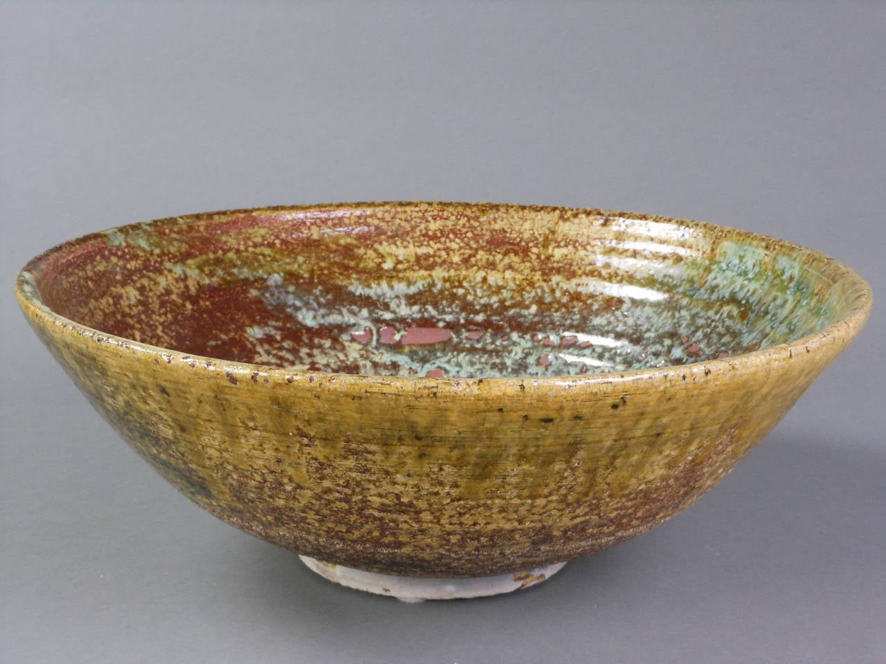 Ceramic Mottled Brown and Green Glazed Stoneware Bowl