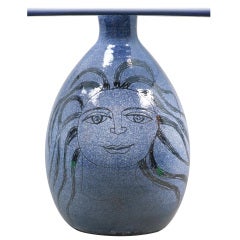 Blue Glazed Ceramic Lamp, Signed Sucsan