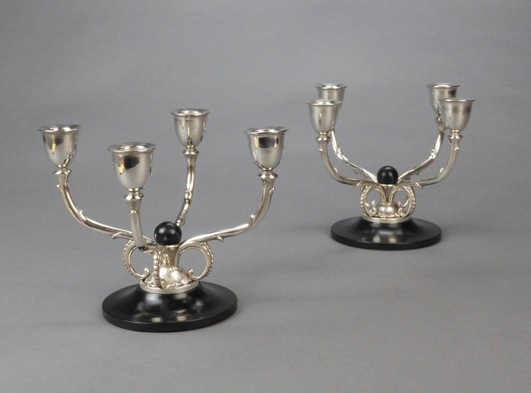 Danish Pair of Ebonized and Silver Candelabra