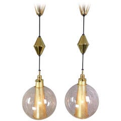 Pair of Glass and Brass Globe Chandeliers