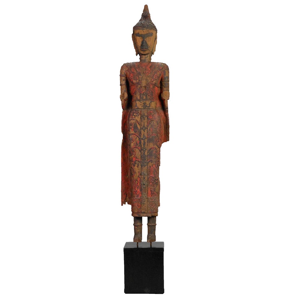 Thai Tall Wood Sculpture of a Buddha For Sale