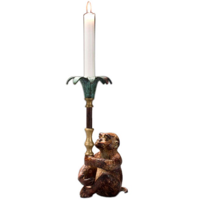 Patinated Bronze Monkey Candleholder For Sale