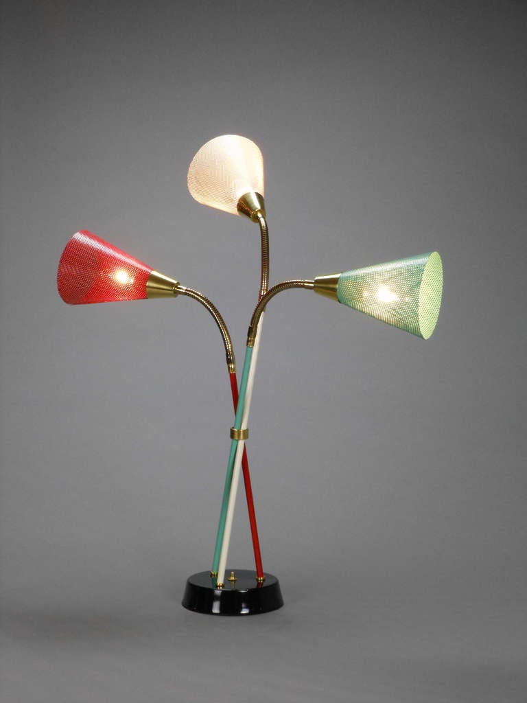 A 3-Light Polychrome and Brass Table Lamp with Perforated Shades In Good Condition In New York, NY