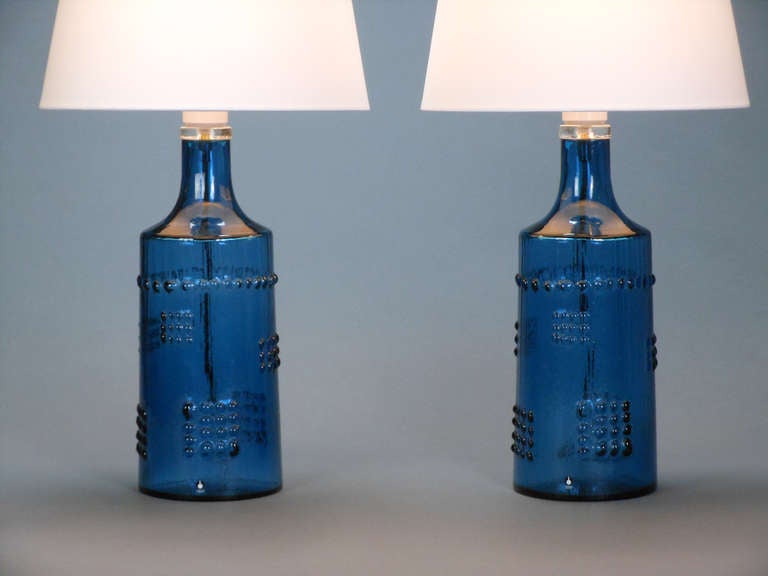 Late 20th Century A Pair of Swedish Blue Glass Lamps by Pukeberg