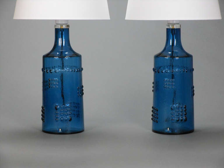 A Pair of Swedish Blue Glass Lamps by Pukeberg 1