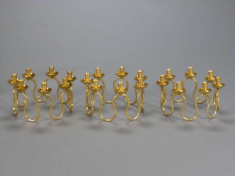 Set of Three Swedish Brass Seven-Light Candelabrum In Good Condition In New York, NY