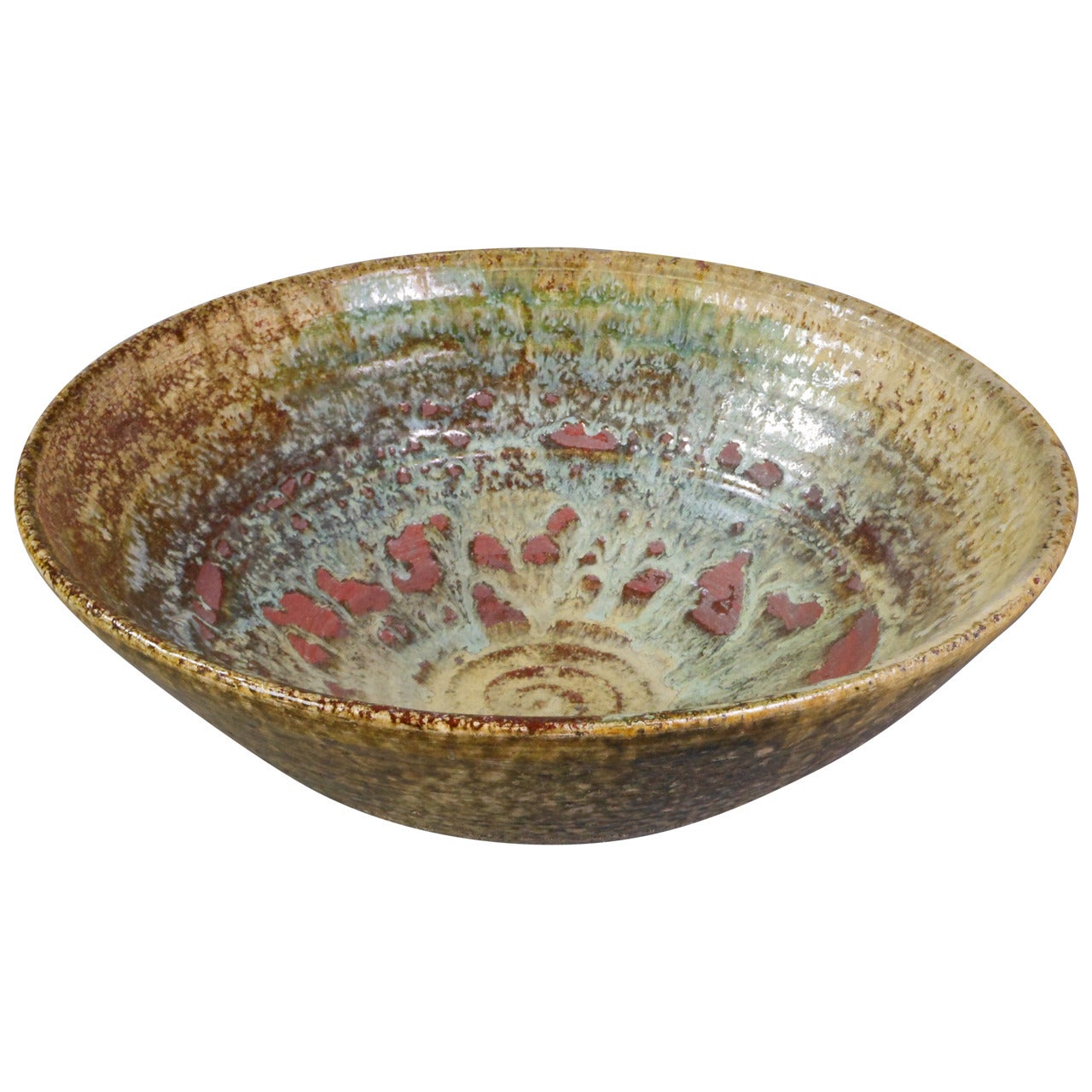 Mottled Brown and Green Glazed Stoneware Bowl