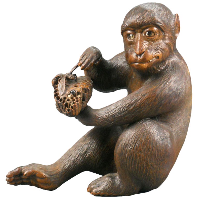 Japanese Carved and Painted Wooden Monkey For Sale