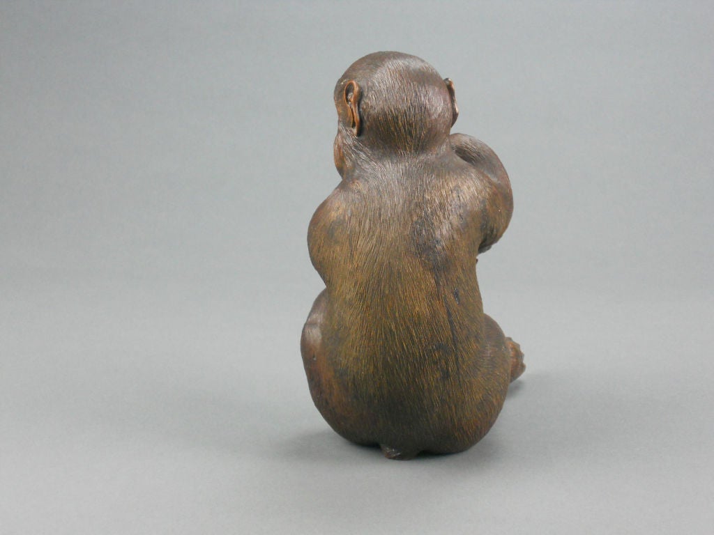 Seated, holding a honeycomb with a wasp sitting on it, this intricately carved monkey is inlaid with glass eyes. Signed.