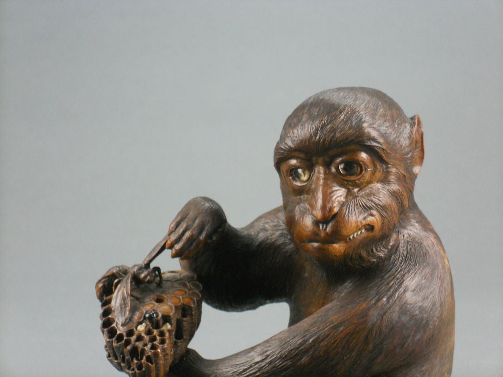 Meiji Japanese Carved and Painted Wooden Monkey For Sale