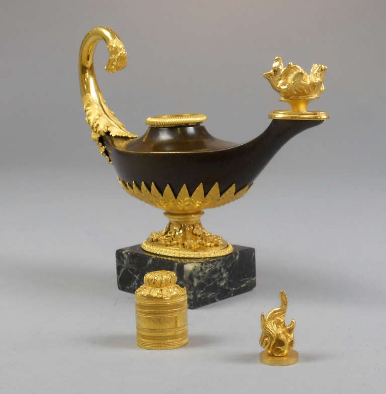 Neoclassical French Empire Gilt and Patinated Bronze Candlestick in the Form of an Oil Lamp For Sale