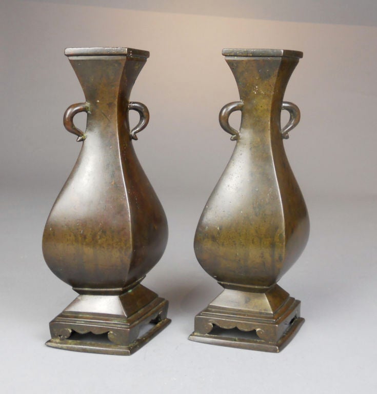 A Pair of Chinese Four Sided Bronze Vases with Handles at 1stdibs