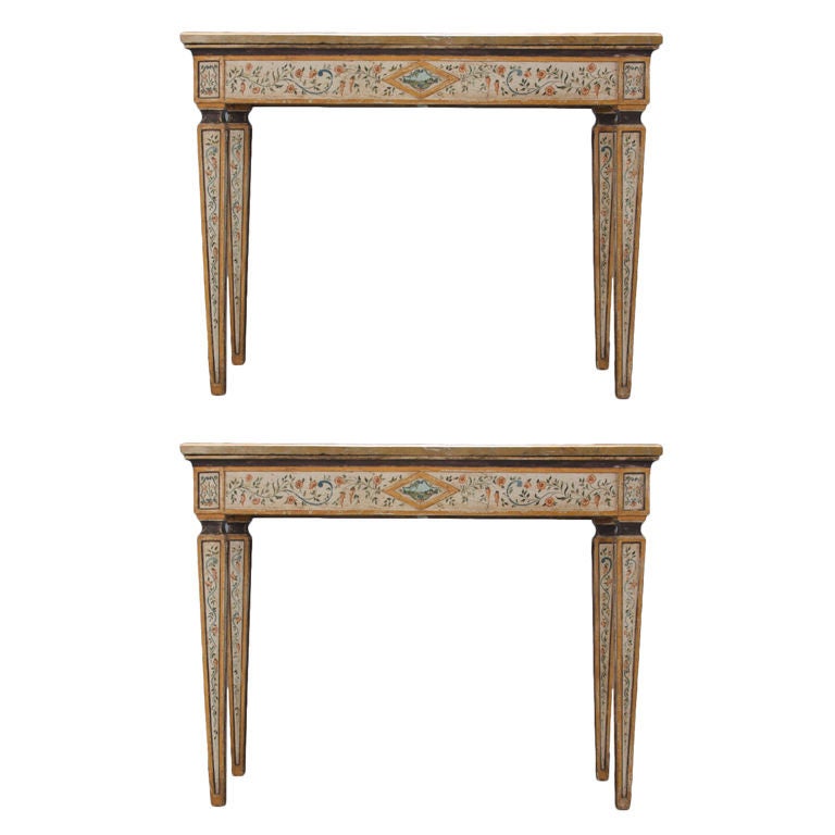 Italian Neoclassical Pair of Painted Console Tables with Siena Marble Tops For Sale