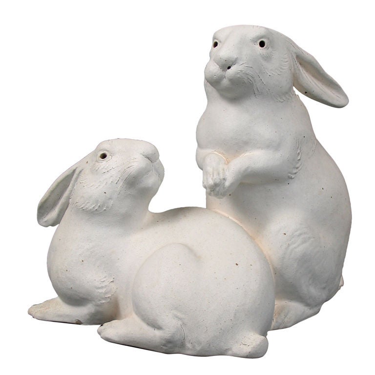 Japanese Earthenware Sculpture of Two Rabbits