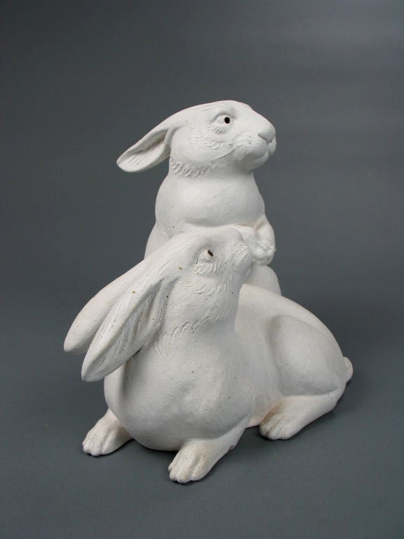 Japanese Earthenware Sculpture of Two Rabbits In Good Condition In New York, NY