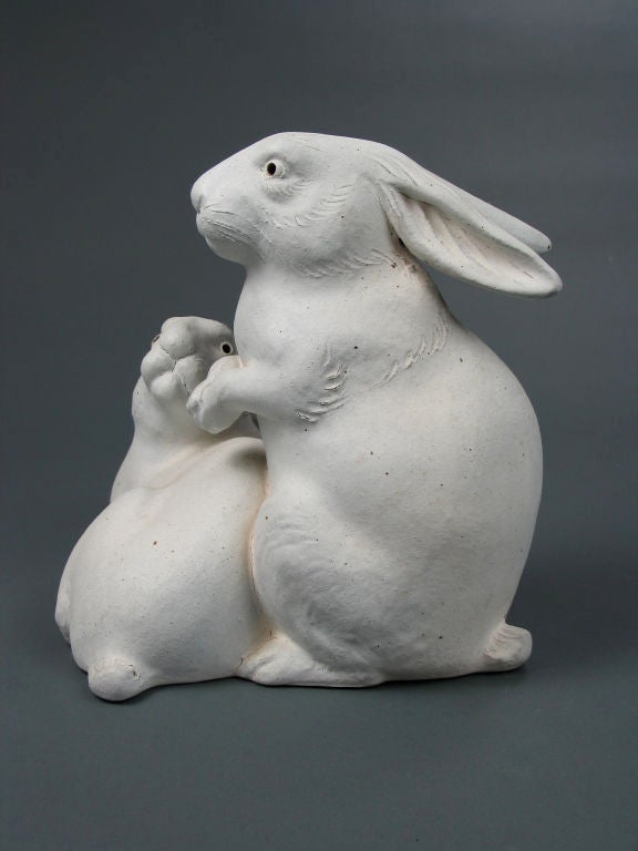 20th Century Japanese Earthenware Sculpture of Two Rabbits