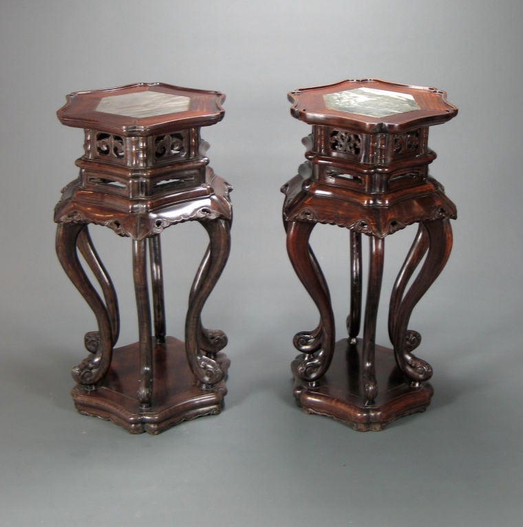 Qing Chinese Pair of Hardwood Tables with Inset Marble Tops For Sale