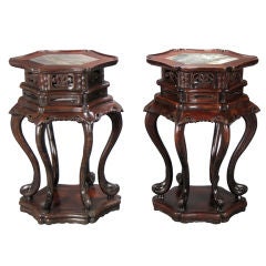 Chinese Pair of Hardwood Tables with Inset Marble Tops