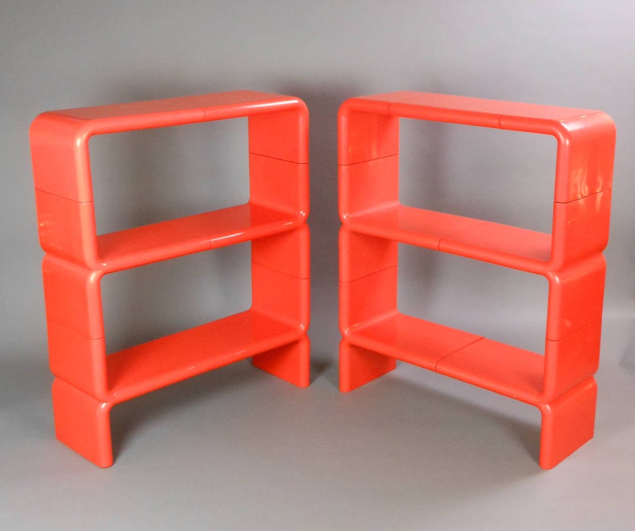 Pair of shelves by Kay Leroy Ruggles for Directional. Currently assembled as two-shelf units but can be configured in multiple ways.