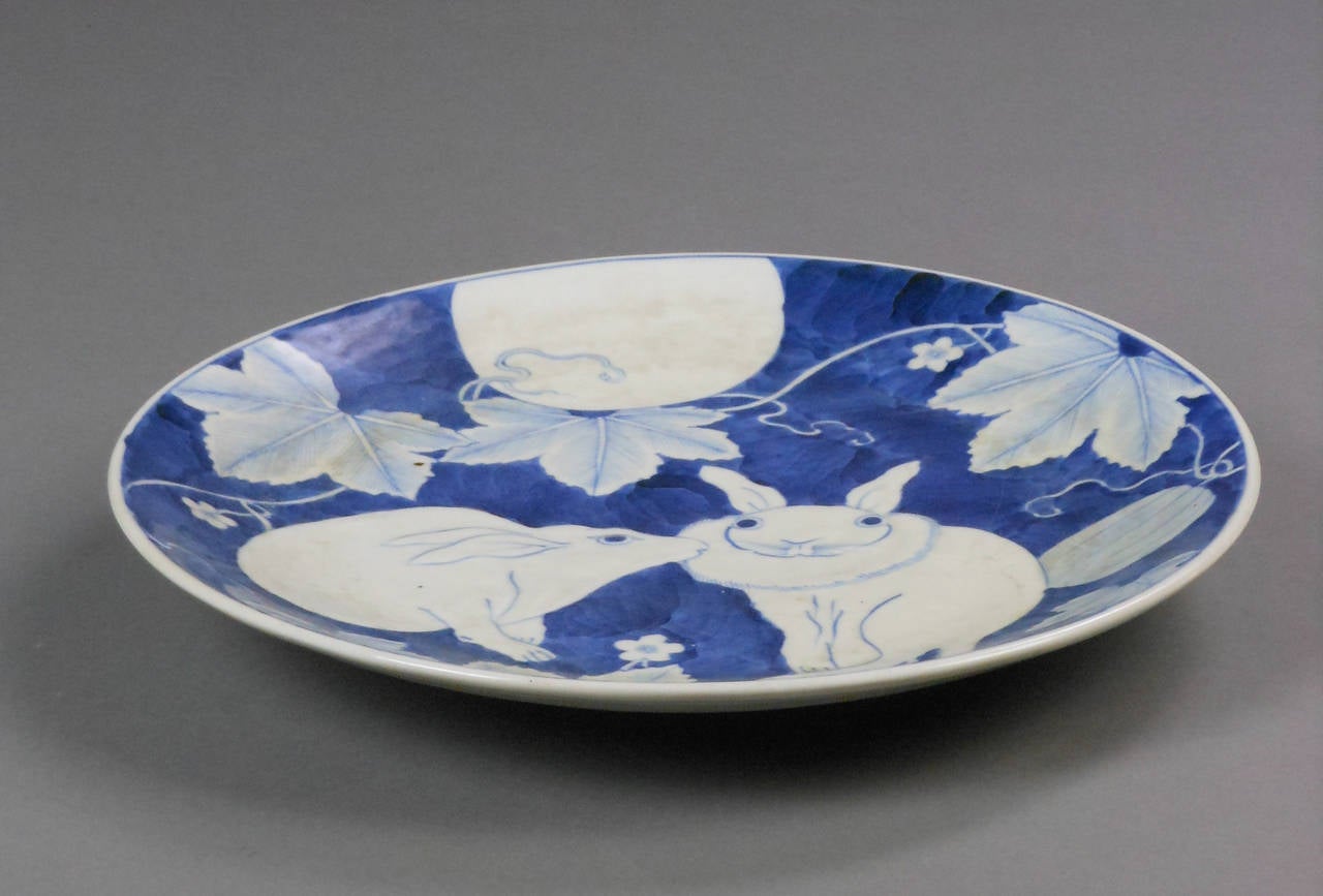 Japanese Ceramic Plate with Rabbits under the Full Moon