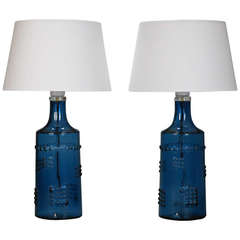 A Pair of Swedish Blue Glass Lamps by Pukeberg