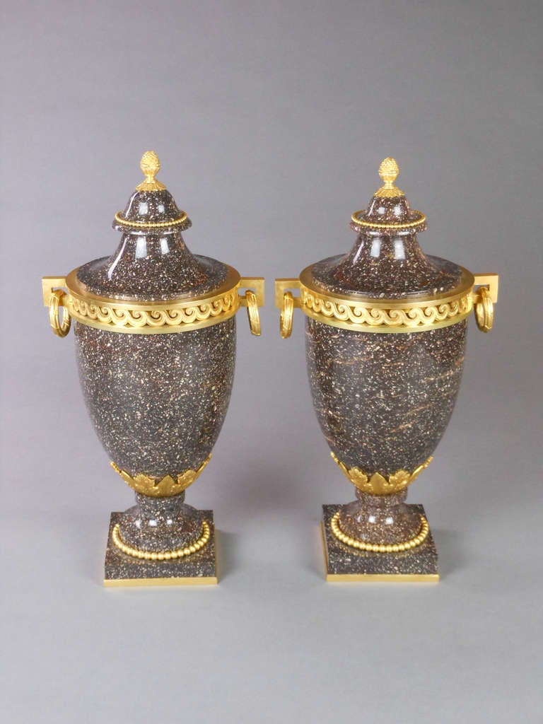 19th Century Swedish Pair of Neoclassical Gilt Bronze Porphyry Urns For Sale